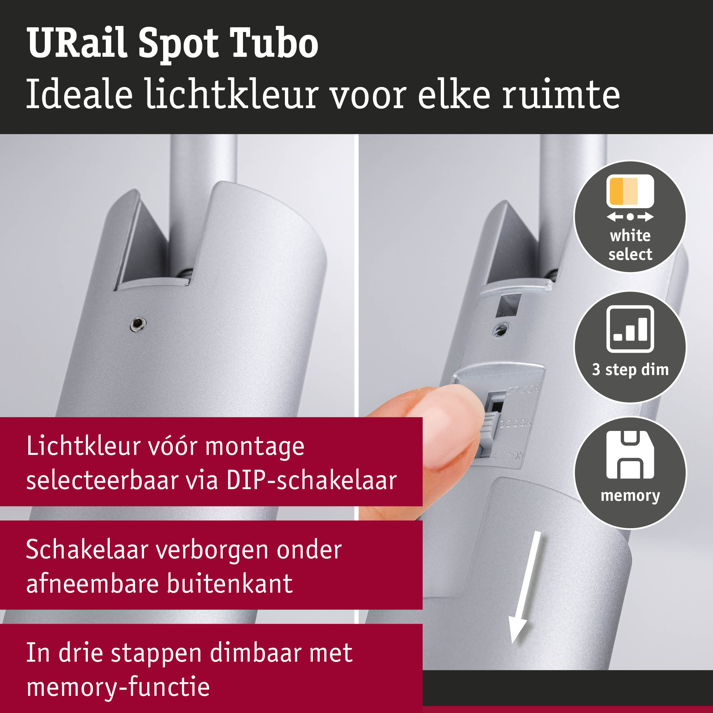 Zilveren metalen URail Spot Tubo met instelbare lichtkleur en 3-staps dimbare geheugenfunctie