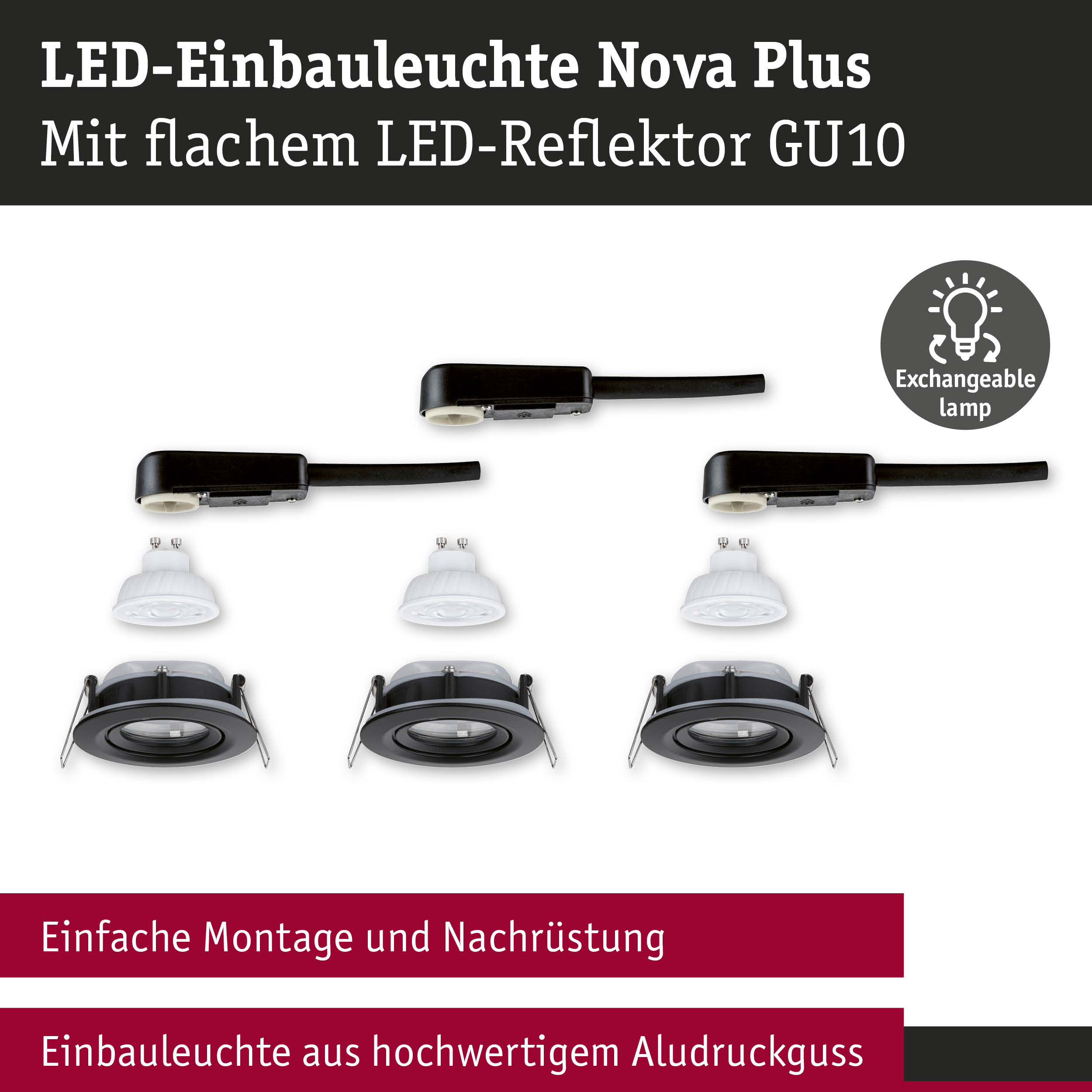 LED-Einbauleuchte Nova Plus mit schwarzem Aludruckguss-Gehäuse und austauschbarem GU10 LED-Reflektor