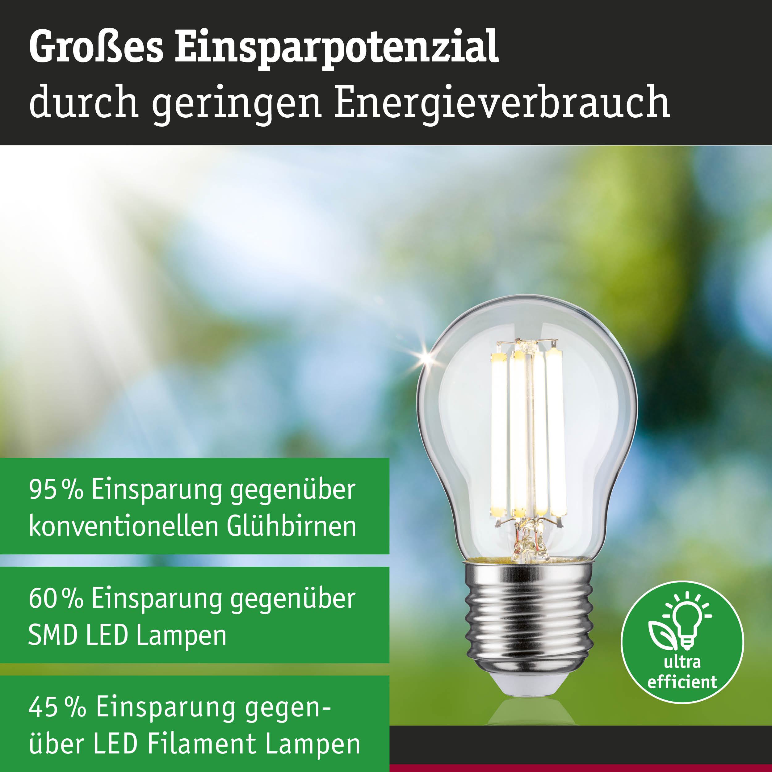 Energiesparende LED-Glühbirne mit transparentem Glas und silbernem Sockel, hohe Effizienz