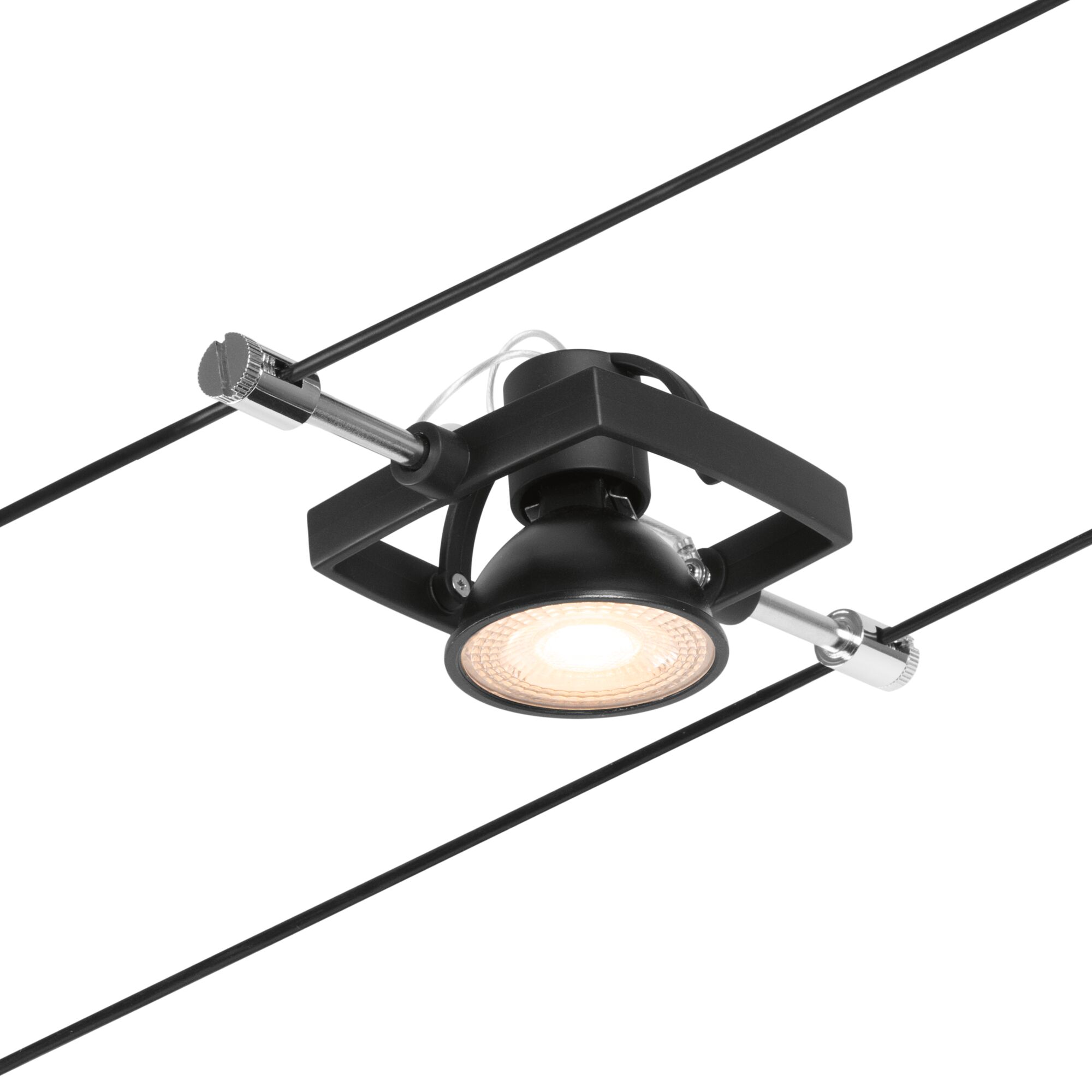Black LED cable spotlight with adjustable lamp and metal frame for modern lighting solutions