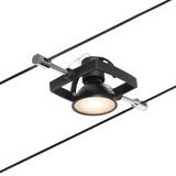 Black LED cable spotlight with adjustable lamp and metal frame for modern lighting solutions