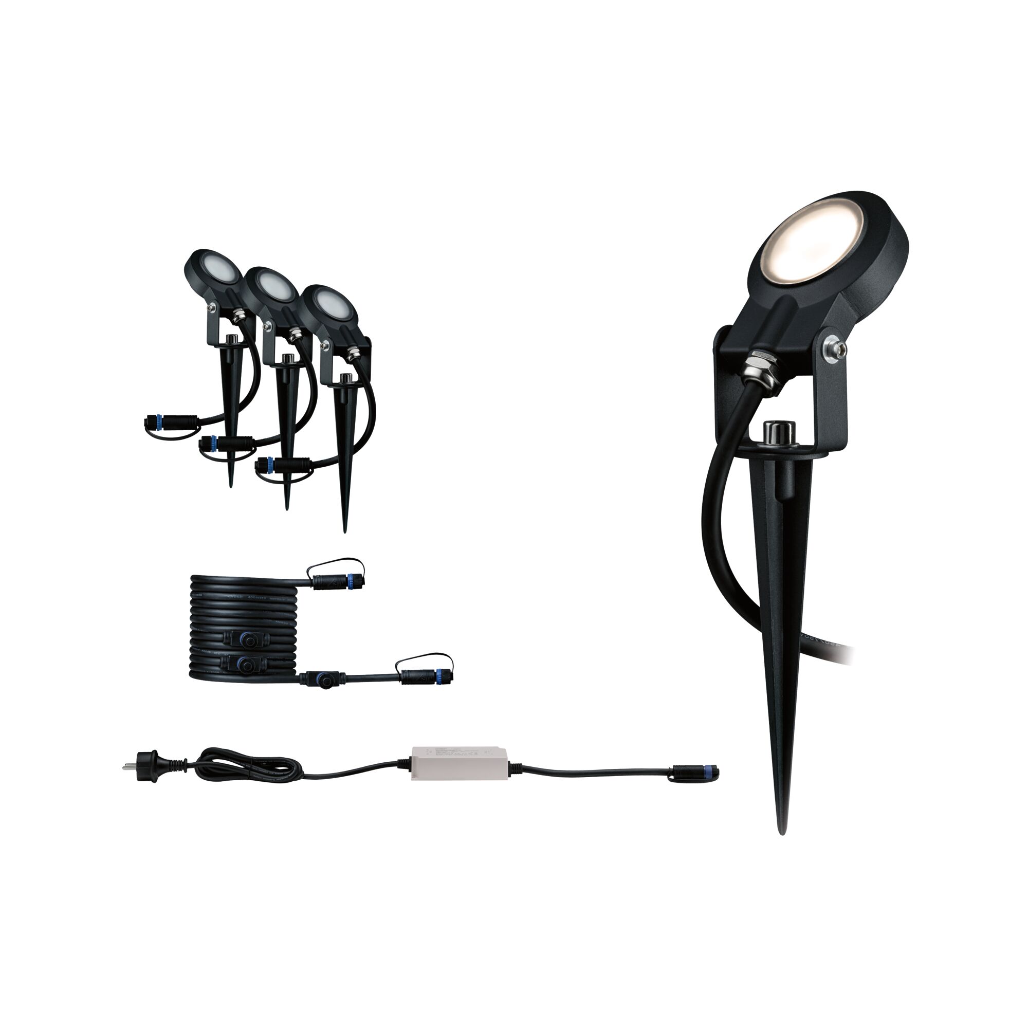Schwarzes LED-Gartenstrahler-Set mit Erdspießen und Anschlusskabel für Außenbeleuchtung