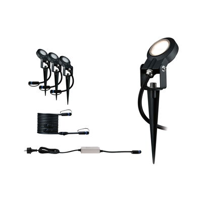 Black LED garden spotlight set with ground spikes and connection cable for outdoor lighting