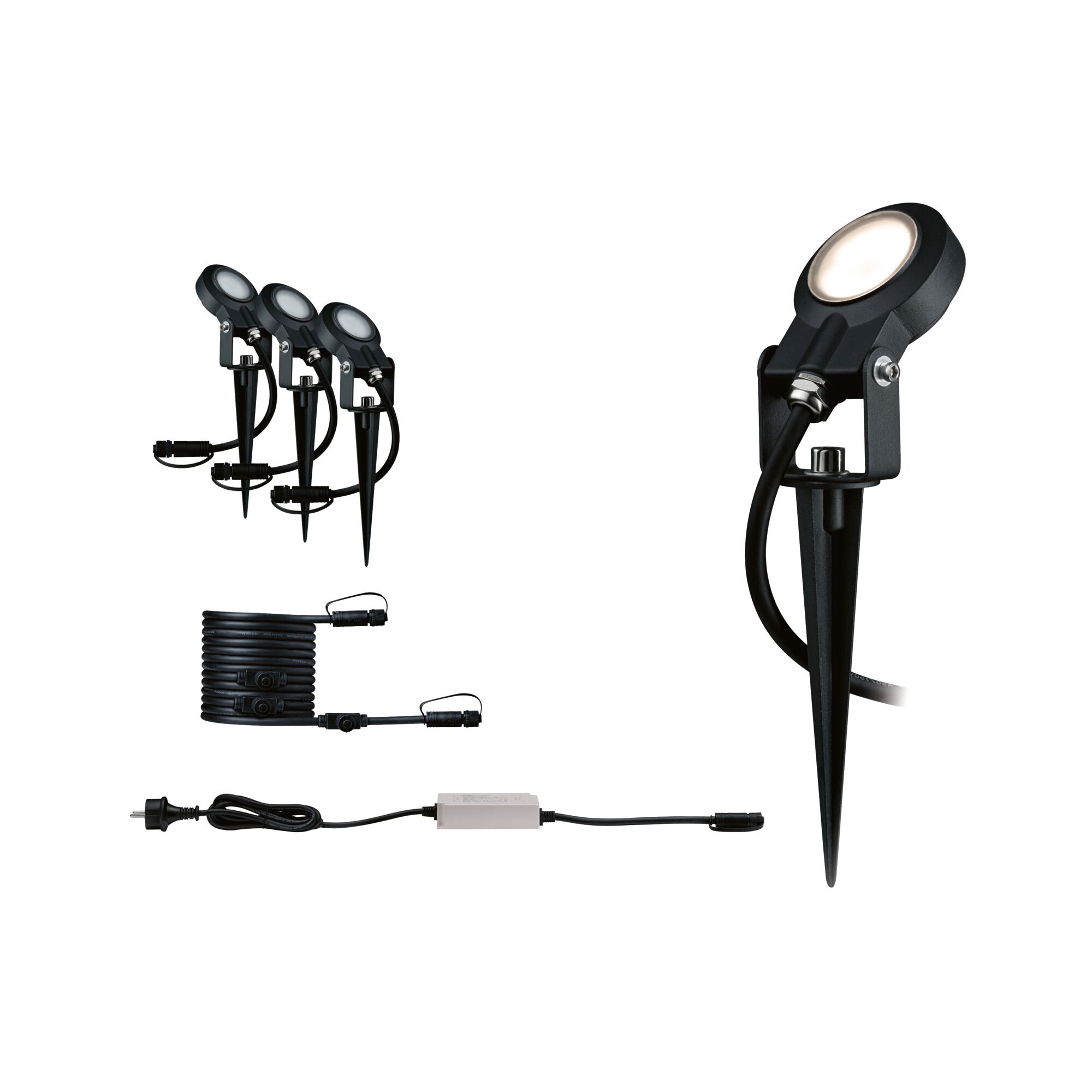 Plug & Shine LED-haveprojektør Sting Basissæt IP67 3000K 3x6,4W 75VA Koksgrå Sæt med tre sorte LED-havelamper med jordspyd og kabel til udendørs belysning