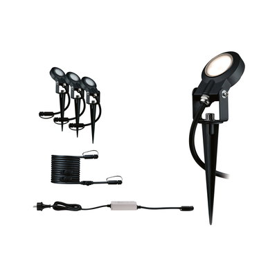Set aus drei schwarzen LED-Gartenstrahlern mit Erdspieß und Anschlusskabel für Außenbeleuchtung
