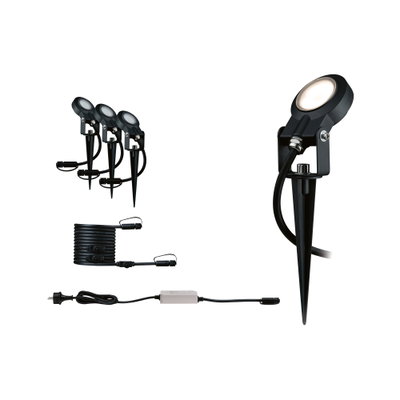 Set aus drei schwarzen LED-Gartenstrahlern mit Erdspieß und Anschlusskabel für Außenbeleuchtung