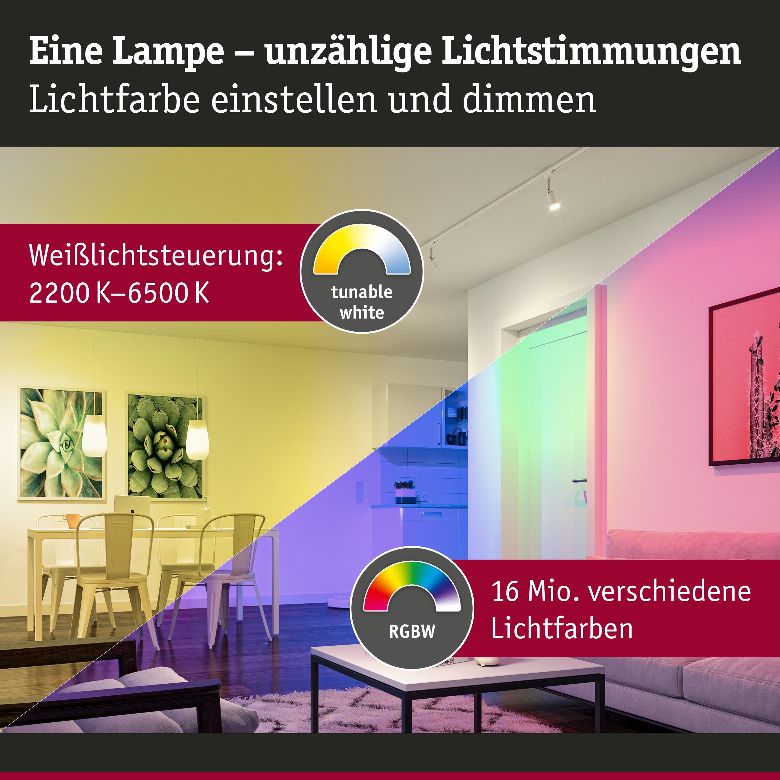 Wohnzimmer mit dimmbarer Lampe in Weißlicht 2200-6500K und 16 Mio. RGBW-Farben für individuelle Lichtstimmung