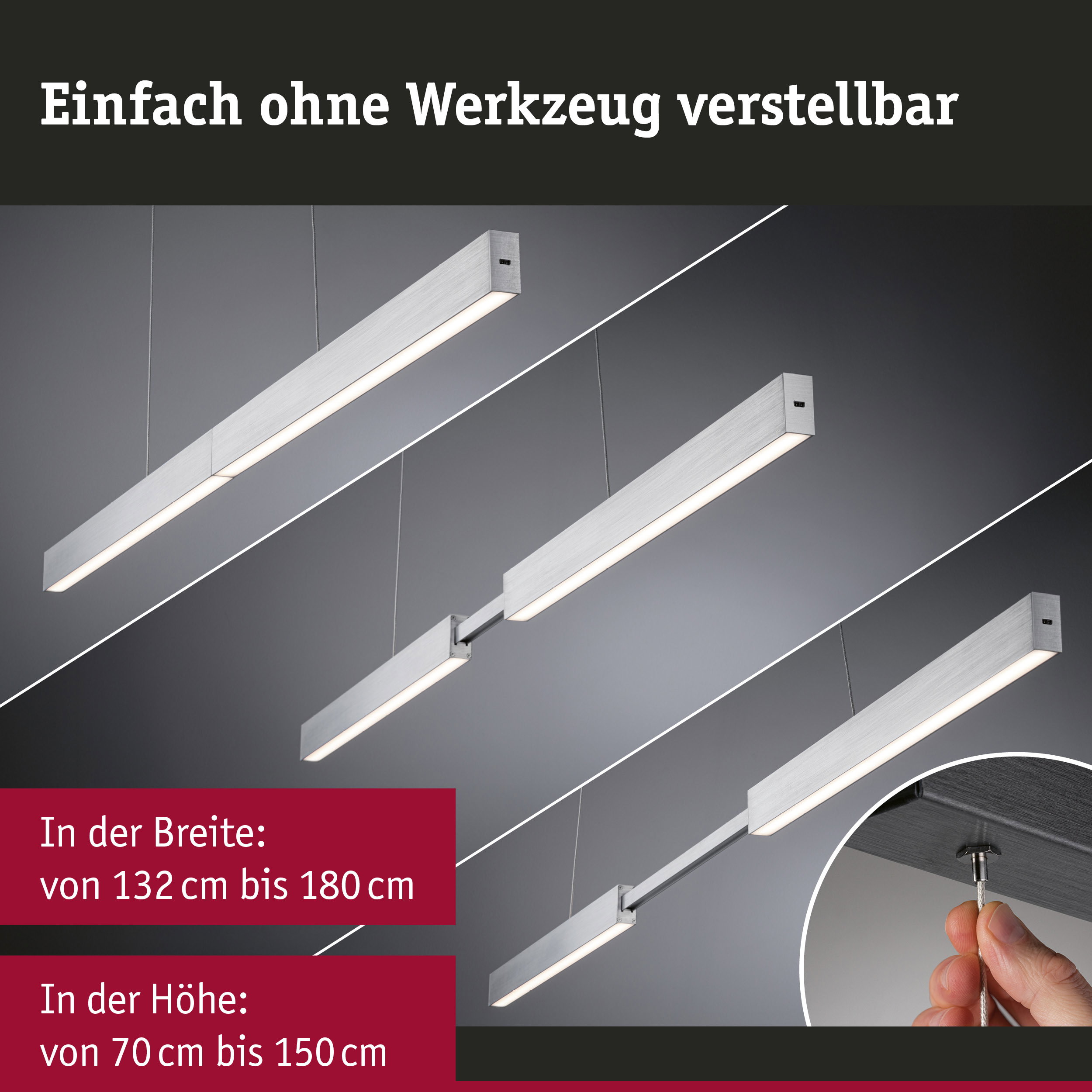 Moderne LED-Hängeleuchte aus gebürstetem Aluminium in Silber, höhenverstellbar ohne Werkzeug