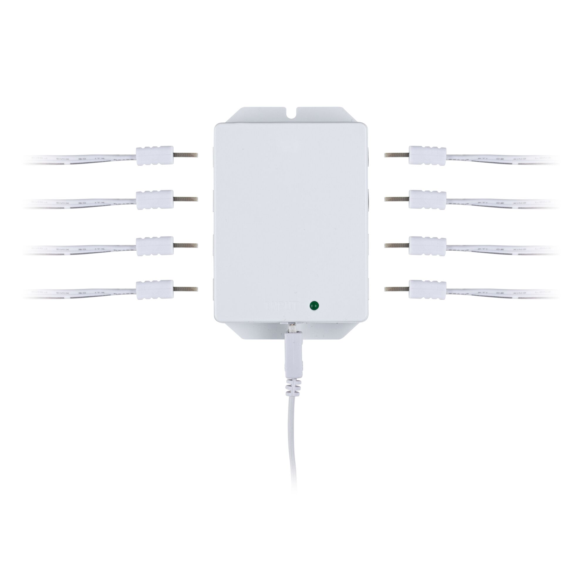 White LED splitter box with eight cable connectors for indoor lighting control
