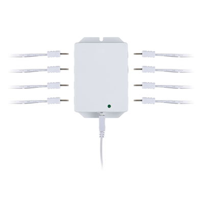 White LED splitter box with eight cable connectors for indoor lighting control