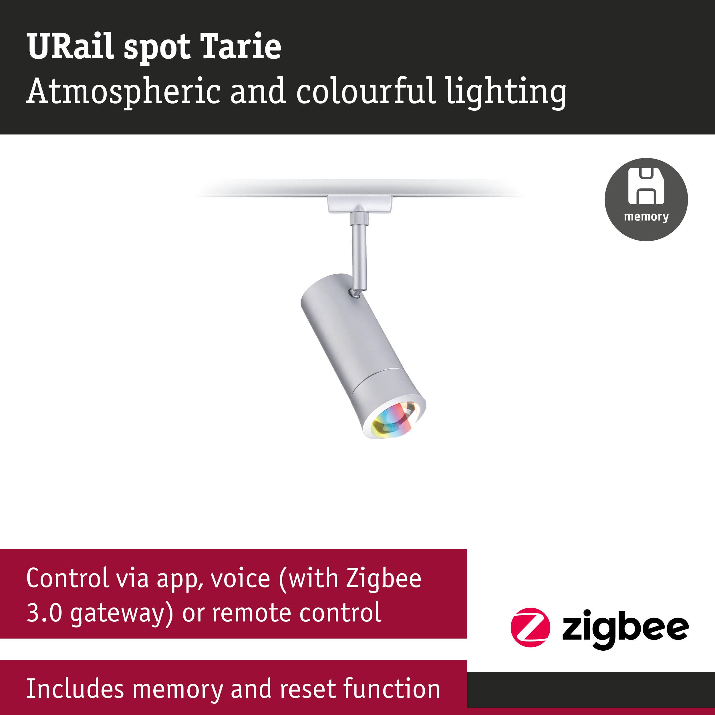 URail Spot Tarie silver LED spotlight with colourful lighting and Zigbee smart control