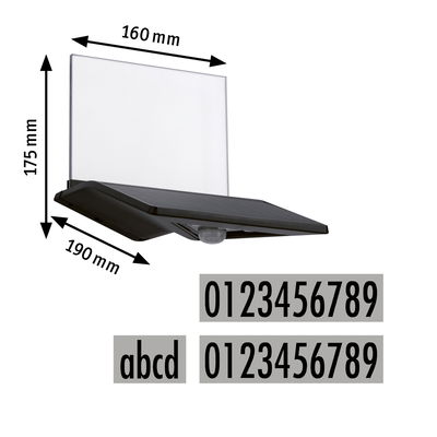 Black LED wall light with clear glass, 160x175x190 mm, modern outdoor lighting with sensor