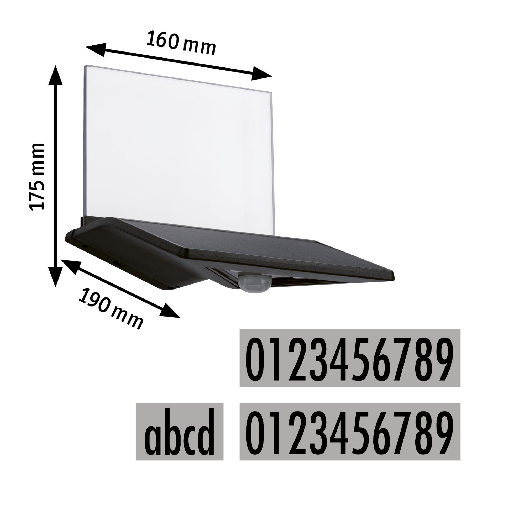 Black LED wall light with clear acrylic panel and motion sensor, dimensions 190x175x160 mm