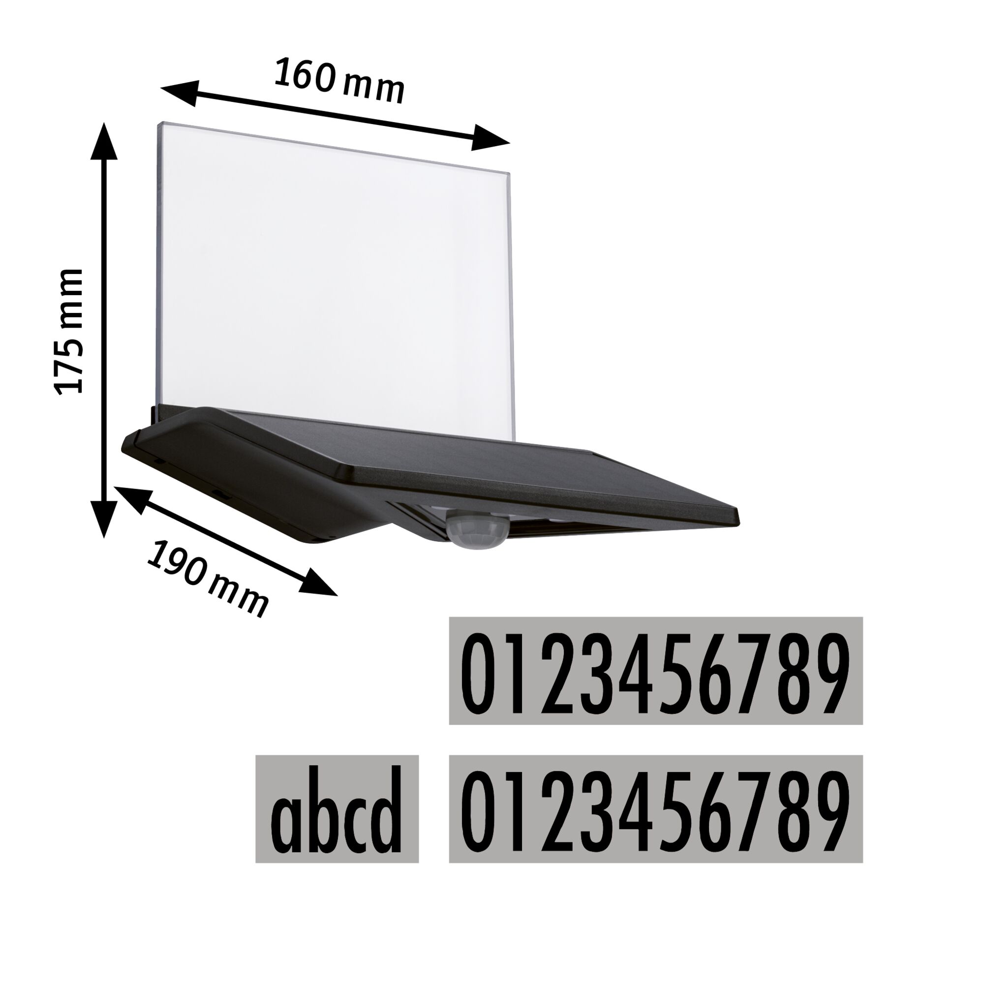 Schwarze LED-Wandleuchte mit transparentem Acrylglas und Bewegungsmelder, Maße 190x175x160 mm