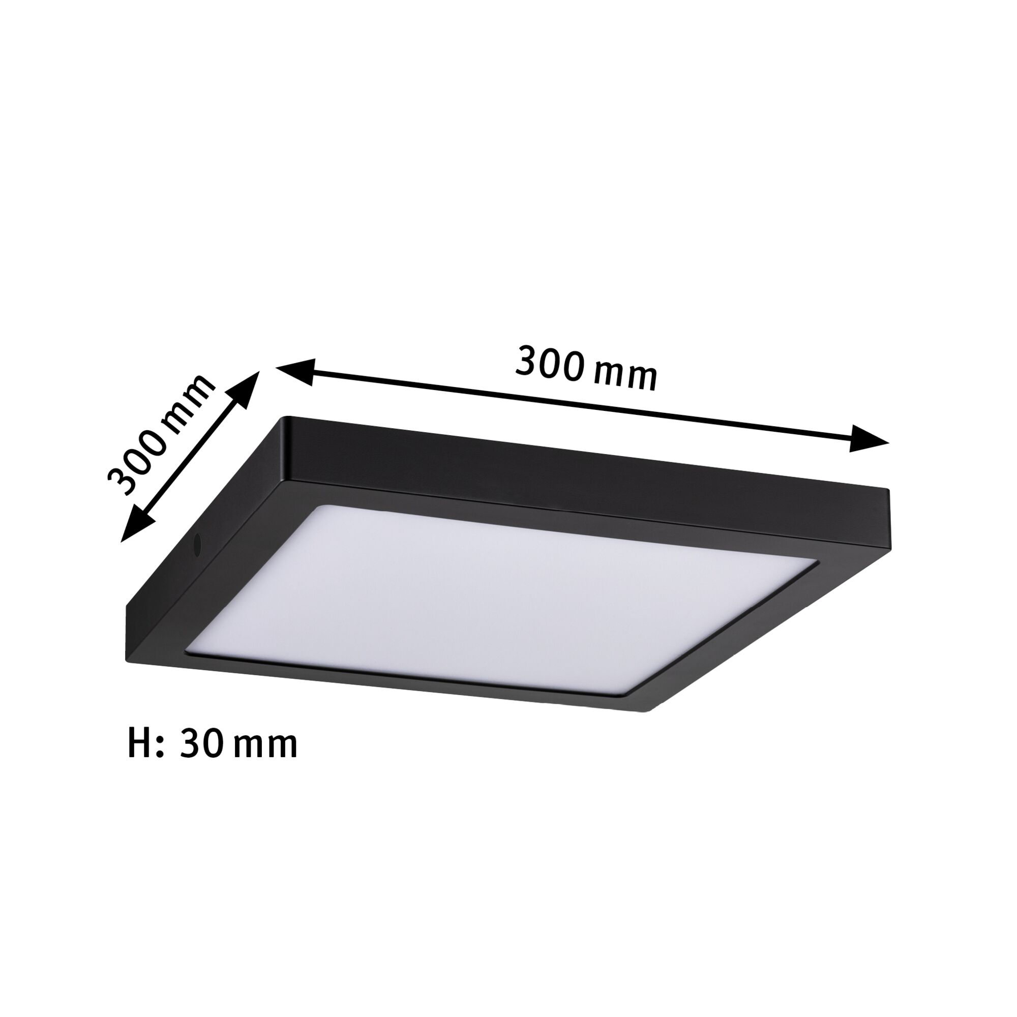Schwarze quadratische LED-Deckenleuchte aus Metall mit 300 mm Kantenlänge und 30 mm Höhe