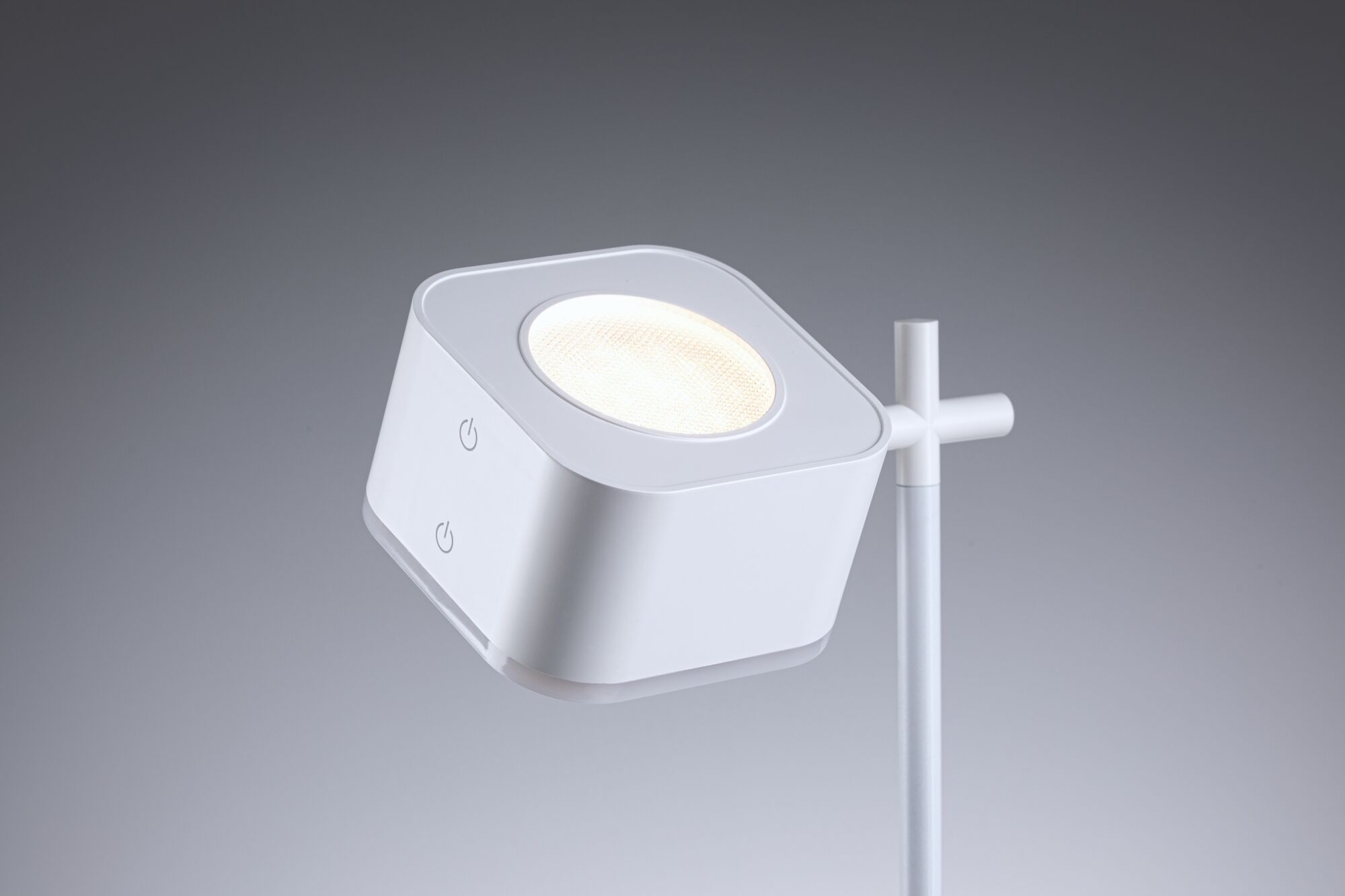 Projecteur de bureau LED blanc moderne avec interrupteur tactile et tête réglable pour un éclairage flexible.