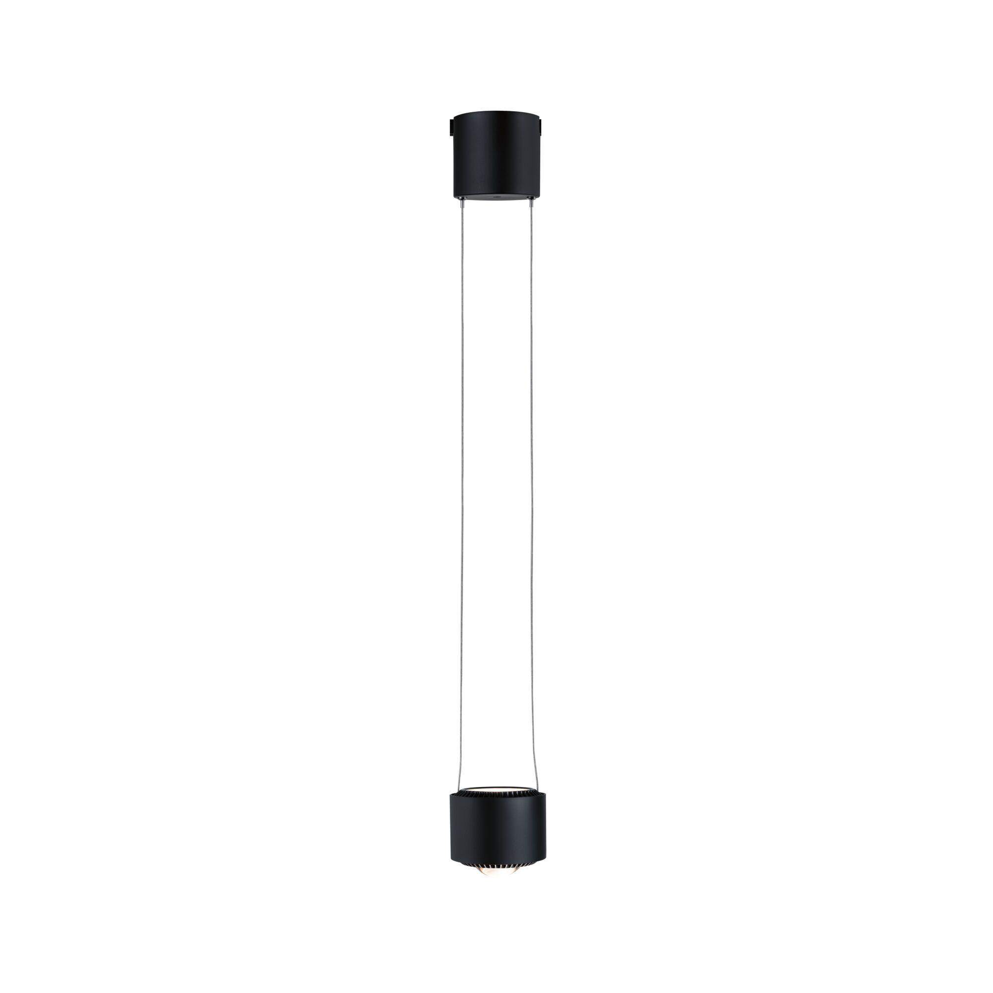 Black metal LED pendant light with cylindrical design and thin suspension cables for modern interior lighting