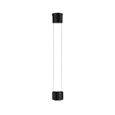 Black metal LED pendant light with cylindrical design and thin suspension cables for modern interior lighting