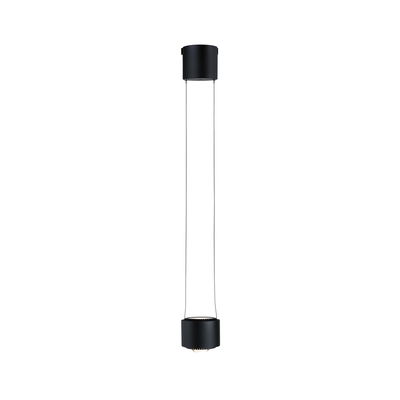 Black metal LED pendant light with cylindrical design and thin suspension cables for modern interior lighting