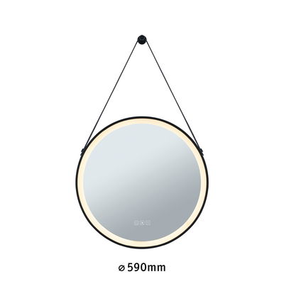 Rund LED-spejl med sort ramme og varmt hvidt lys, diameter 590 mm, moderne vægspejl