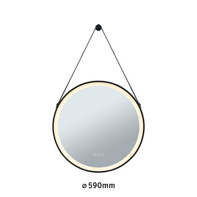 Runder LED-Spiegel mit schwarzem Rahmen und warmweißem Licht, Durchmesser 590 mm, Wandspiegel modern