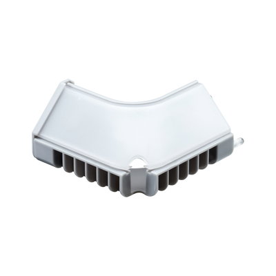 White plastic corner connector for LED light strips with grey clamps for flexible lighting setups