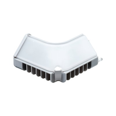 White plastic corner connector for LED light strips with grey clamps for flexible lighting setups