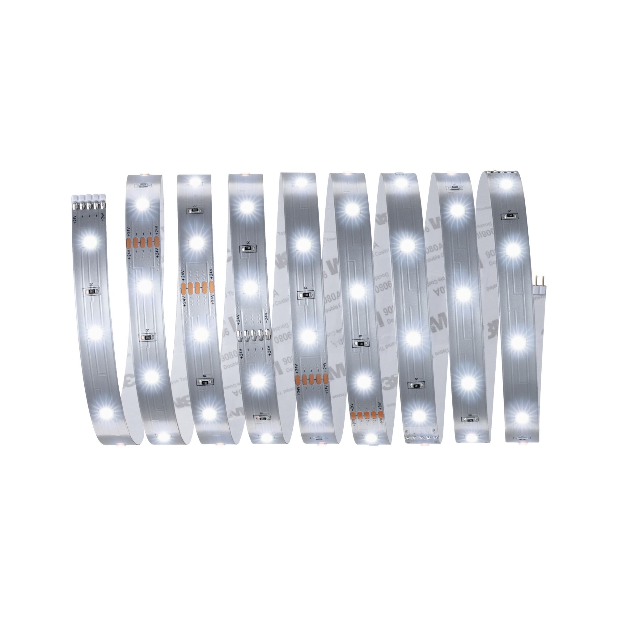 Flexible LED strip with white LEDs on silver circuit board for versatile lighting applications