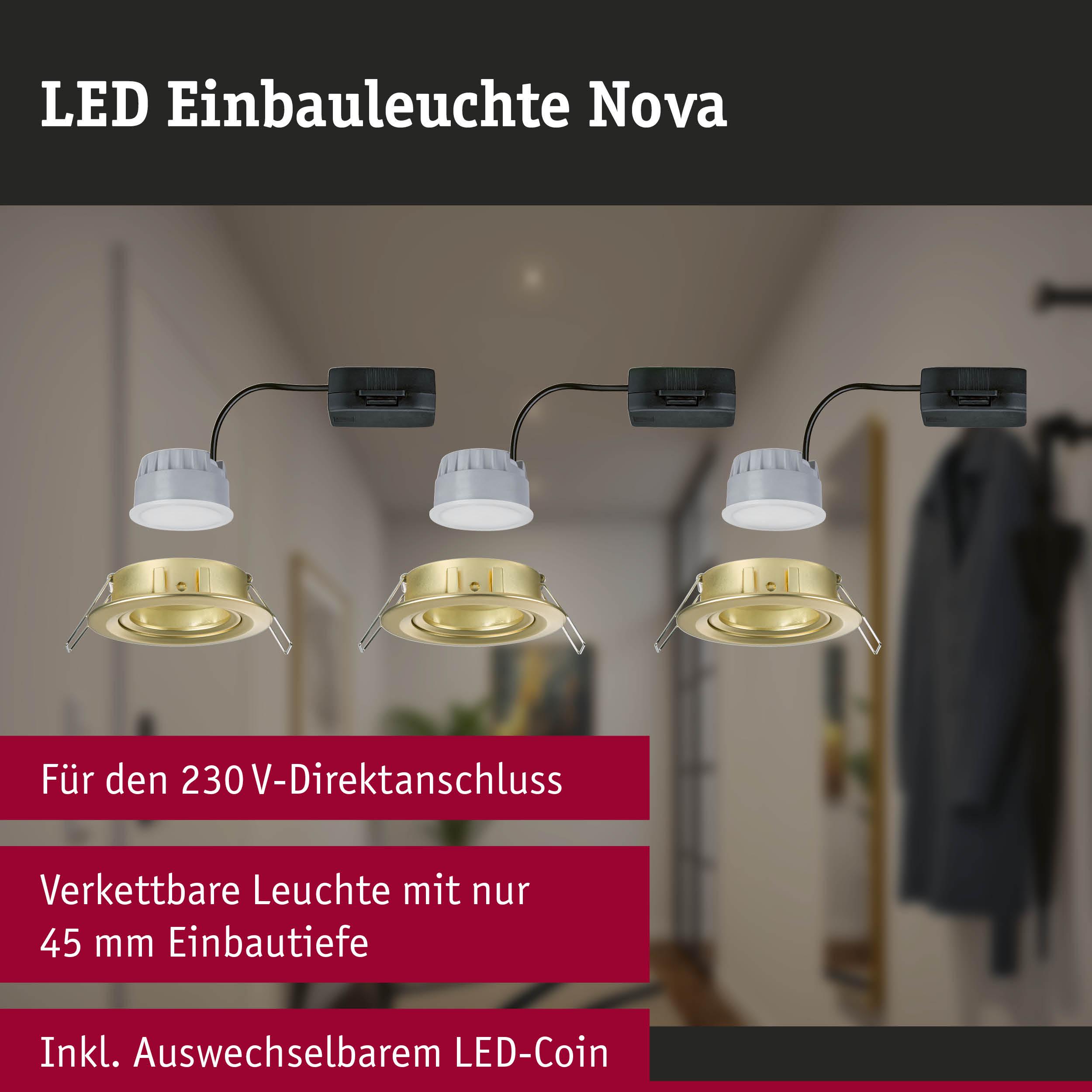 LED Einbauleuchte Nova in Messing mit 45 mm Einbautiefe und austauschbarem LED-Coin für 230V Anschluss