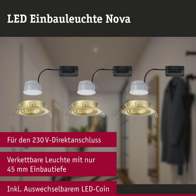 LED Einbauleuchte Nova in Messing mit 45 mm Einbautiefe und austauschbarem LED-Coin für 230V Anschluss