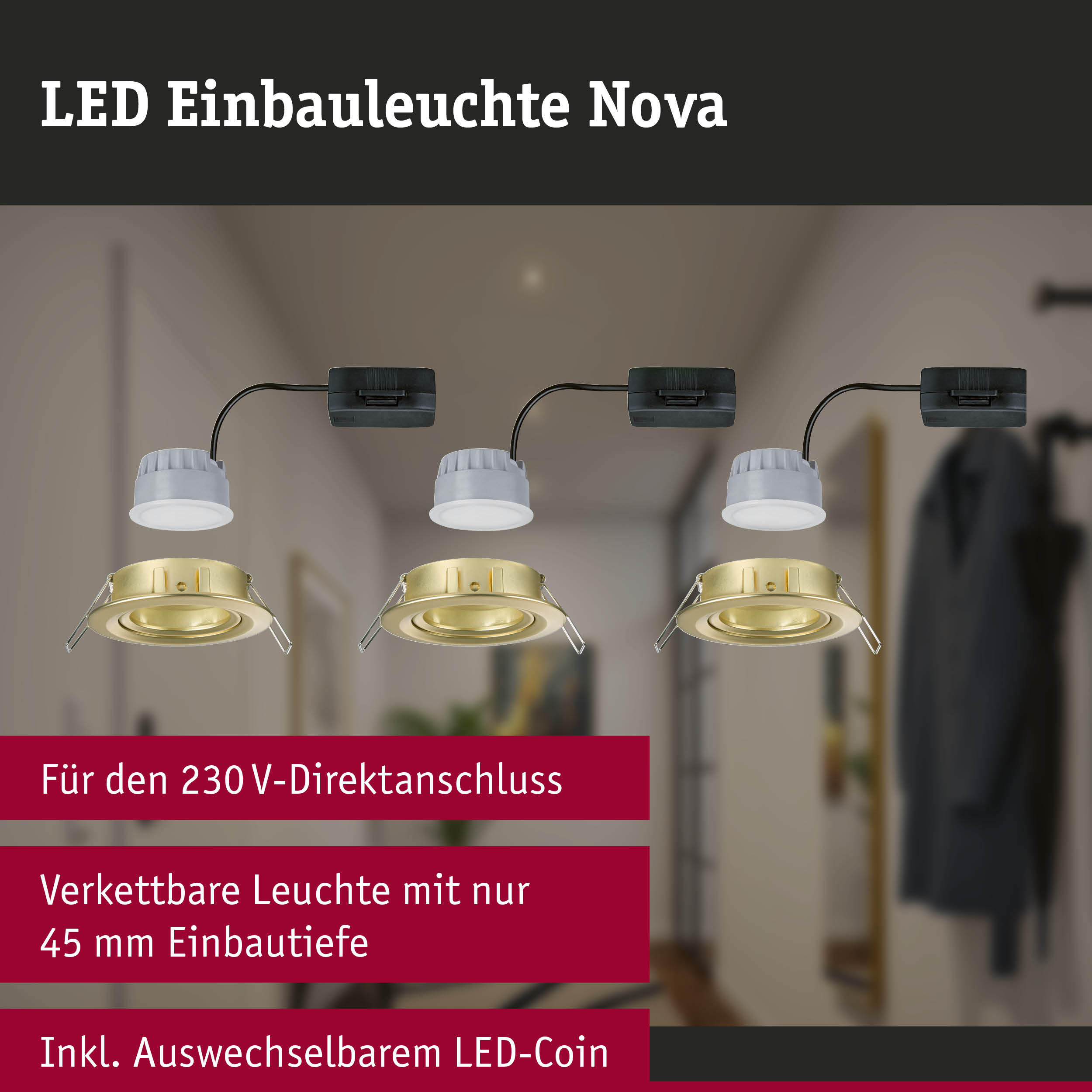 LED Einbauleuchte Nova in gold mit 45 mm Einbautiefe, vernetzbar und mit austauschbarem LED-Coin