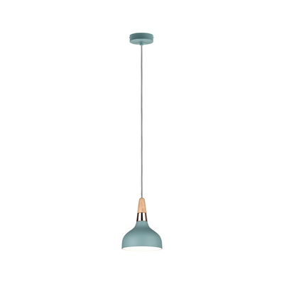Blue metal pendant lamp with wood and copper accents, modern hanging light for living spaces