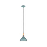 Suspension en métal bleu avec détails en bois et cuivre, lampe moderne pour intérieur