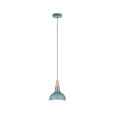 Hängelampe aus blauem Metall mit Holz- und Kupferdetails, moderner Pendelleuchte für Wohnräume