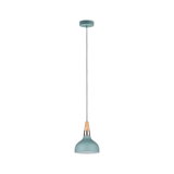 Matblauwe metalen hanglamp met hout- en koperen accenten, modern design voor woonruimtes