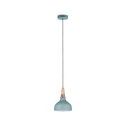 Hängelampe aus Metall in mattem Blau mit Holz- und Kupferdetails, modernes Design für Wohnräume