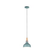 Suspension en métal bleu mat avec détails en bois et cuivre, éclairage moderne pour intérieur