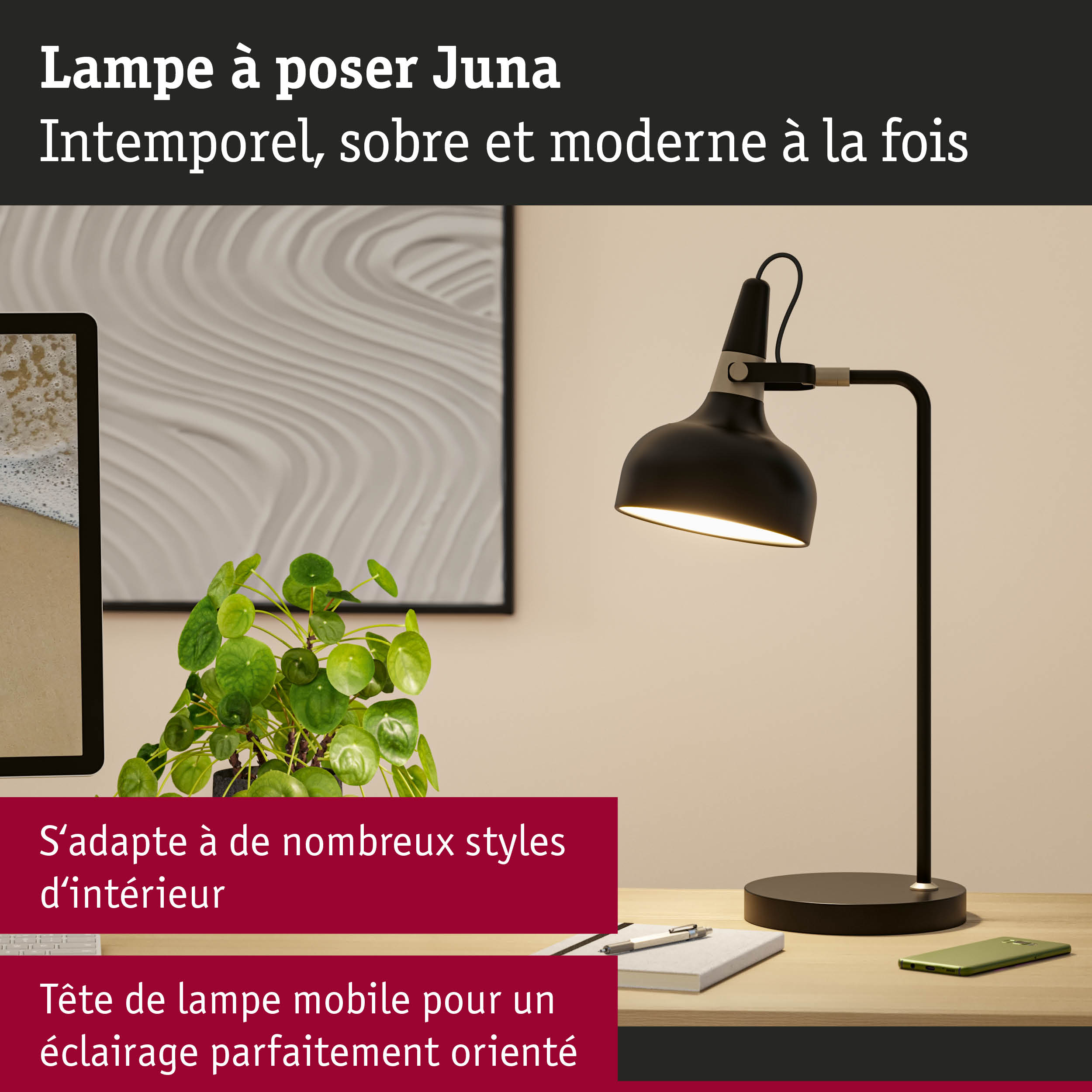 Lampe à poser Juna noire en métal avec tête orientable pour un éclairage intérieur moderne