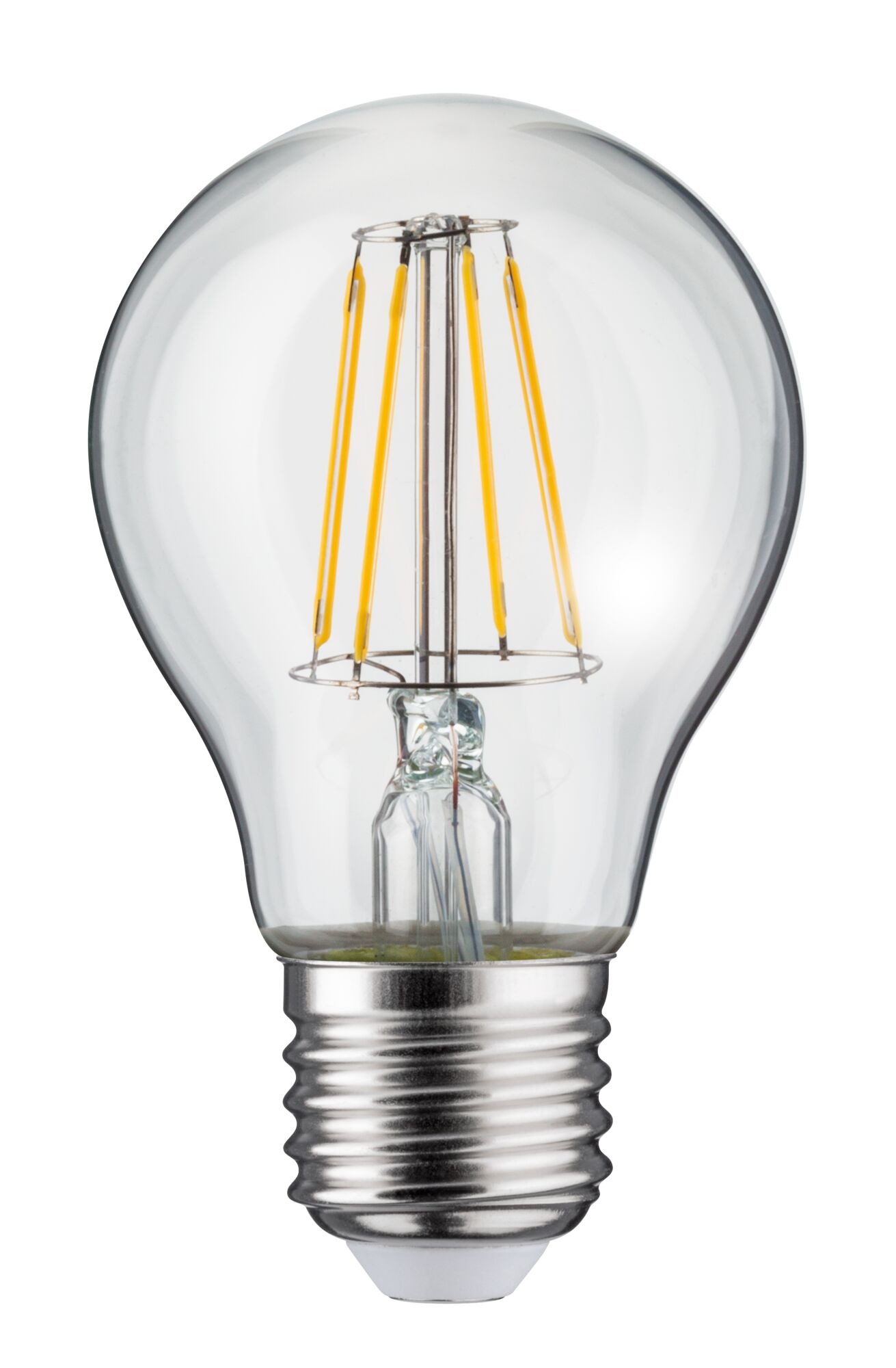 Klassische LED-Glühbirne mit transparentem Glas und silberner Fassung für energiesparende Beleuchtung