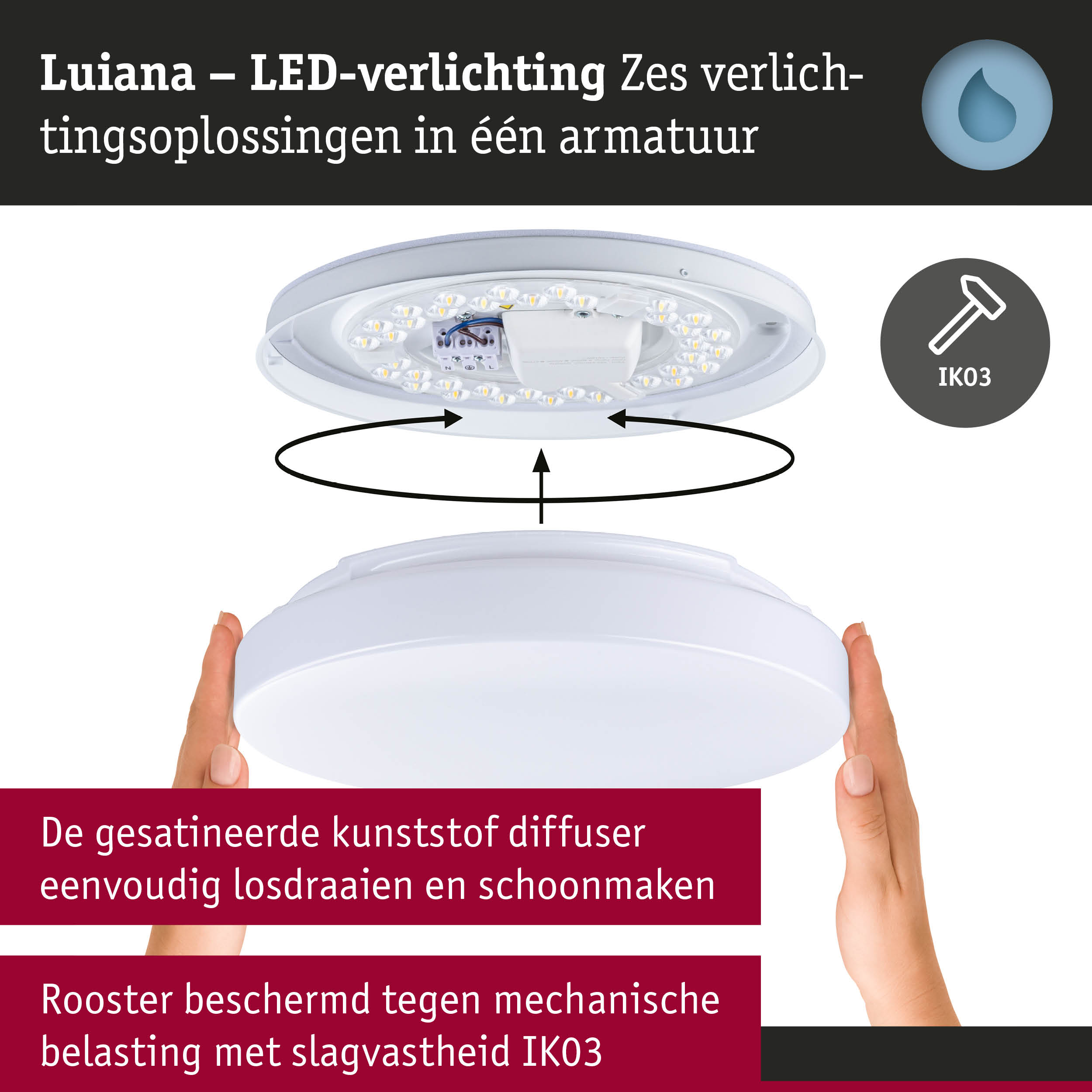 Witte Luiana LED-plafondlamp met kunststof diffuser en IK03 slagvastheid voor woonruimtes