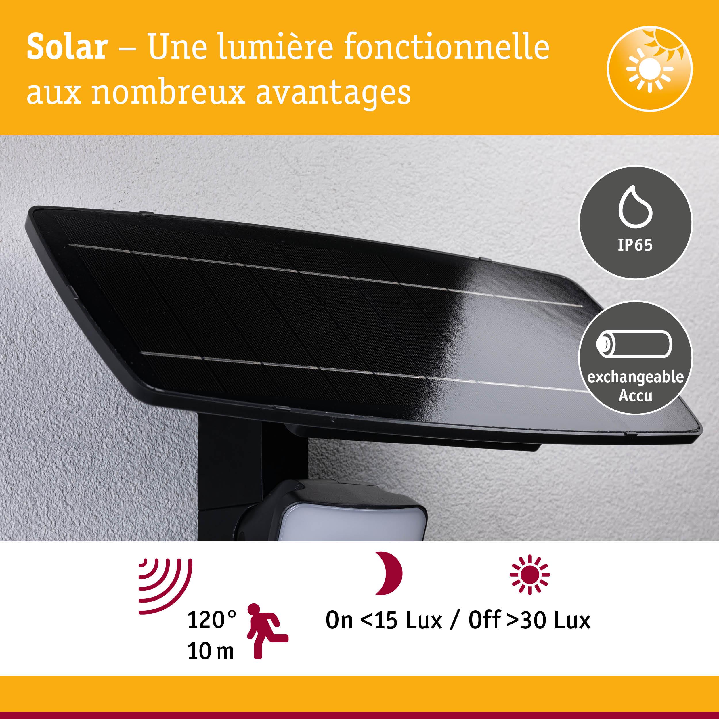 Lumière solaire noire avec indice IP65 et batterie échangeable, détecteur de mouvement 120° portée 10 m