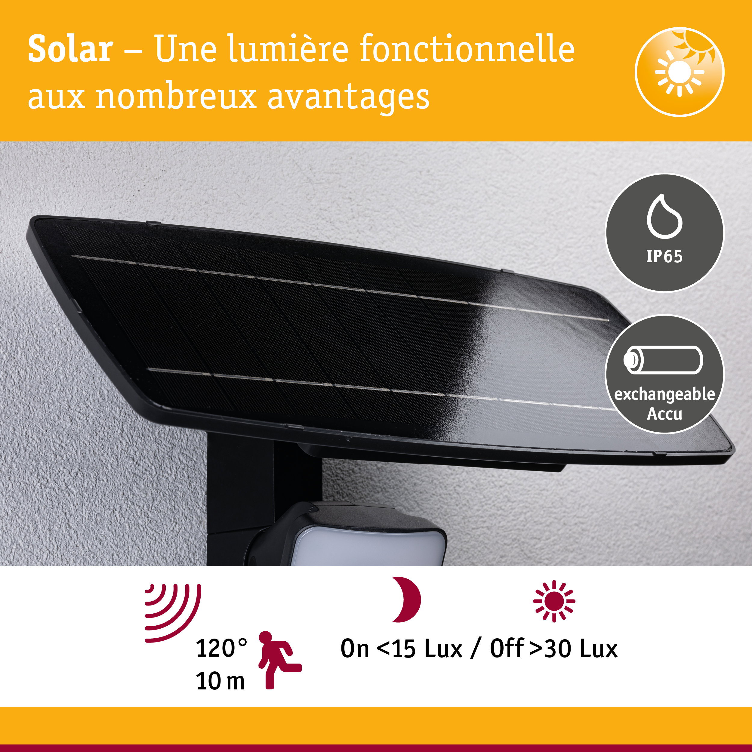 Lumière solaire noire avec protection IP65 et batterie interchangeable pour extérieur avec détecteur de mouvement
