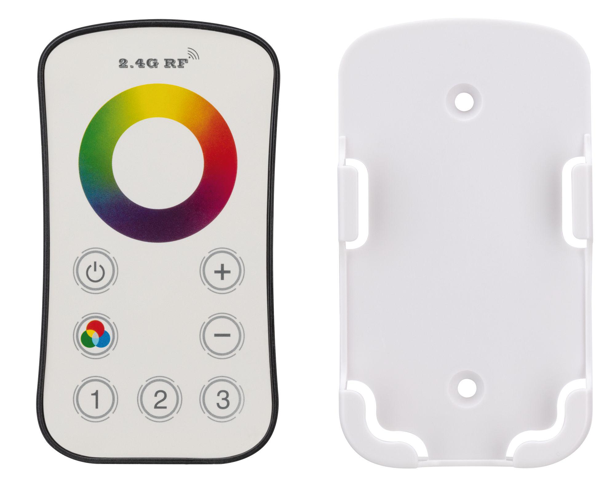 Witte 2,4G RF afstandsbediening met kleurenwiel en knoppen voor RGB LED-verlichting.