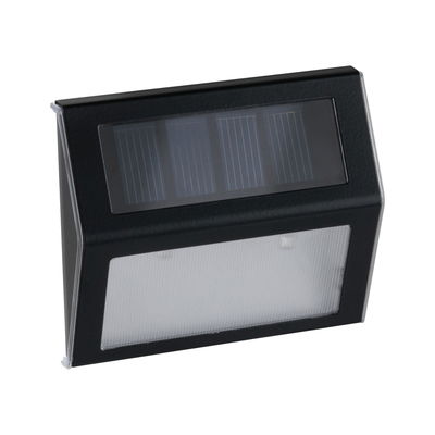 Black solar wall light with transparent plastic diffuser for energy-saving outdoor lighting