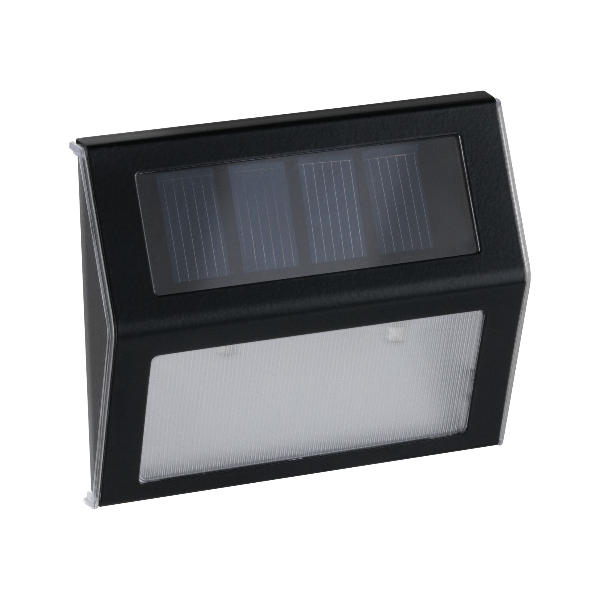 Black solar outdoor light with plastic housing and clear diffuser for energy-saving illumination