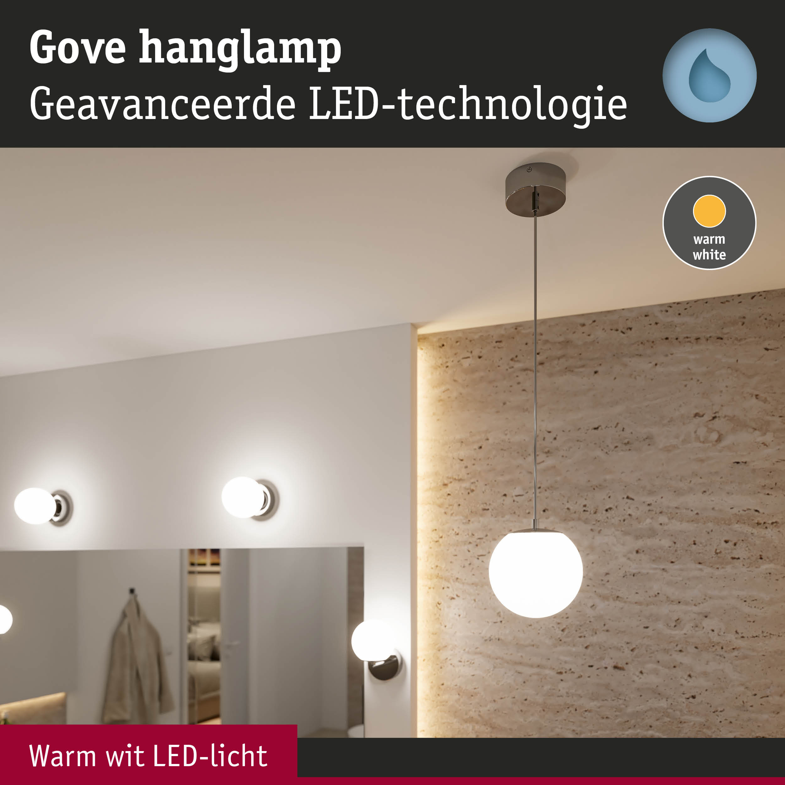 Moderne Gove LED hanglamp met warm wit licht en metalen bevestiging in woonruimte.