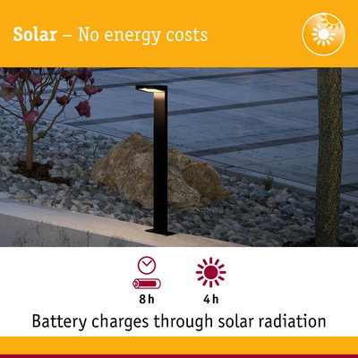 Black metal solar garden light with LED, charges 8 hours, 4 hours runtime, energy-saving outdoor lighting