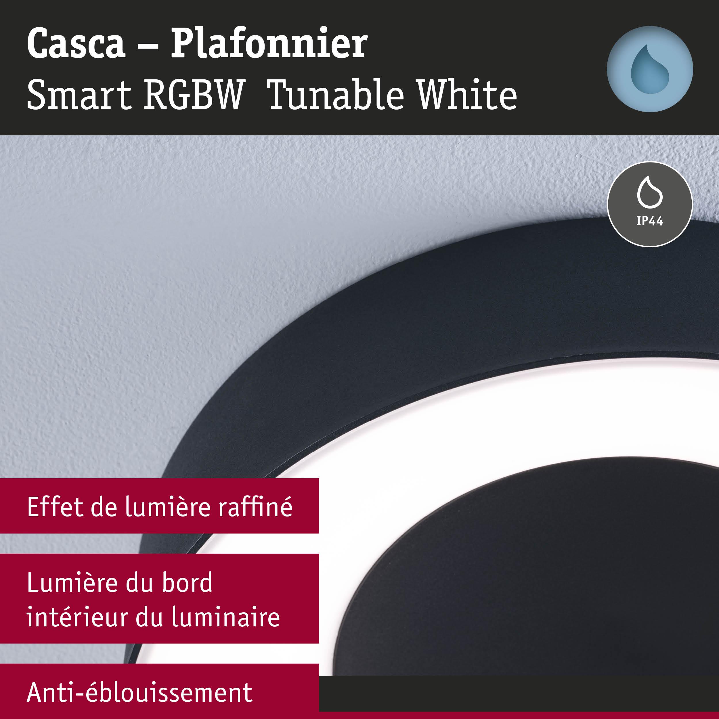 Plafonnier Casca noir avec lumière blanche réglable RGBW, anti-éblouissement, IP44