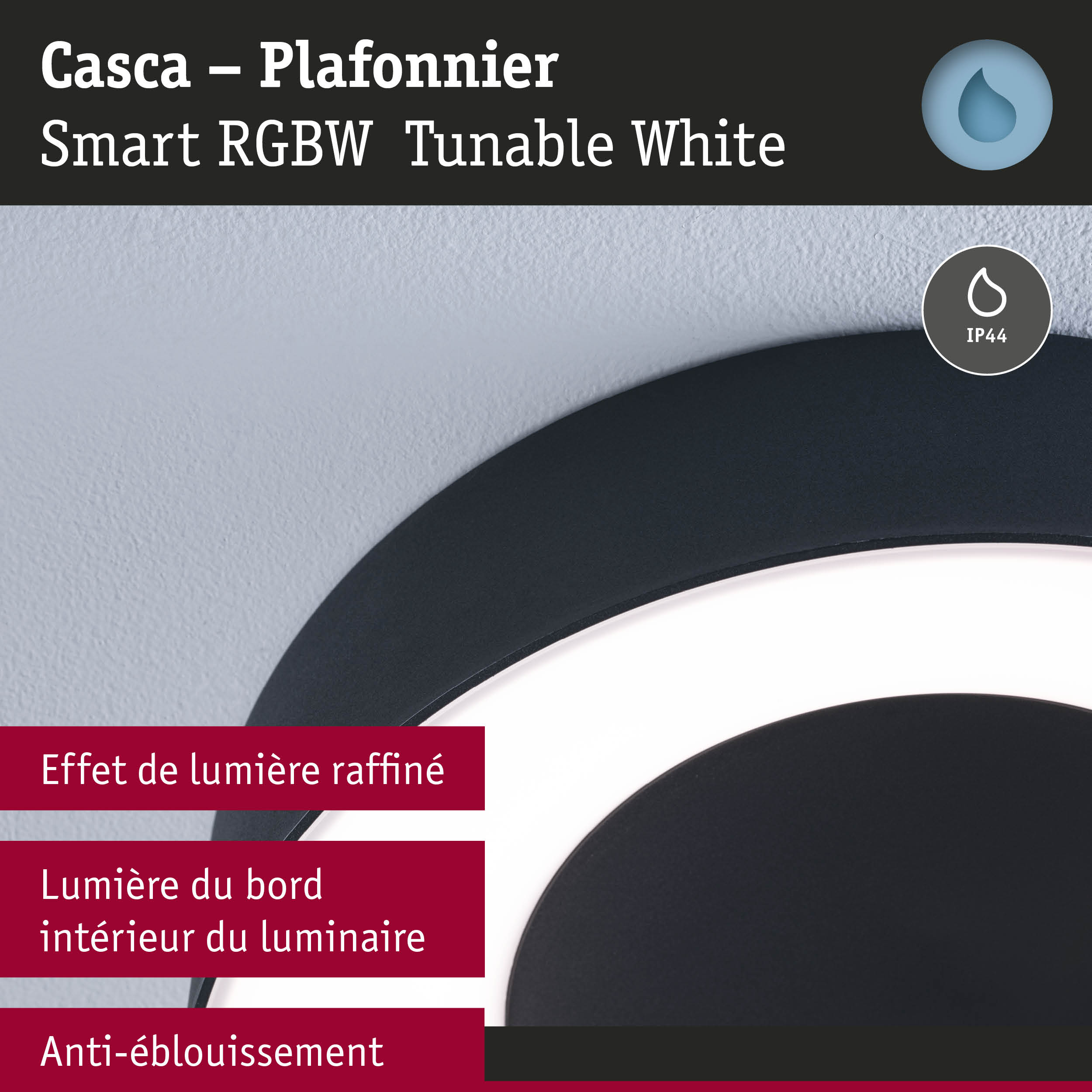 Plafonnier noir Casca avec lumière RGBW intelligente et indice IP44 pour éclairage intérieur moderne