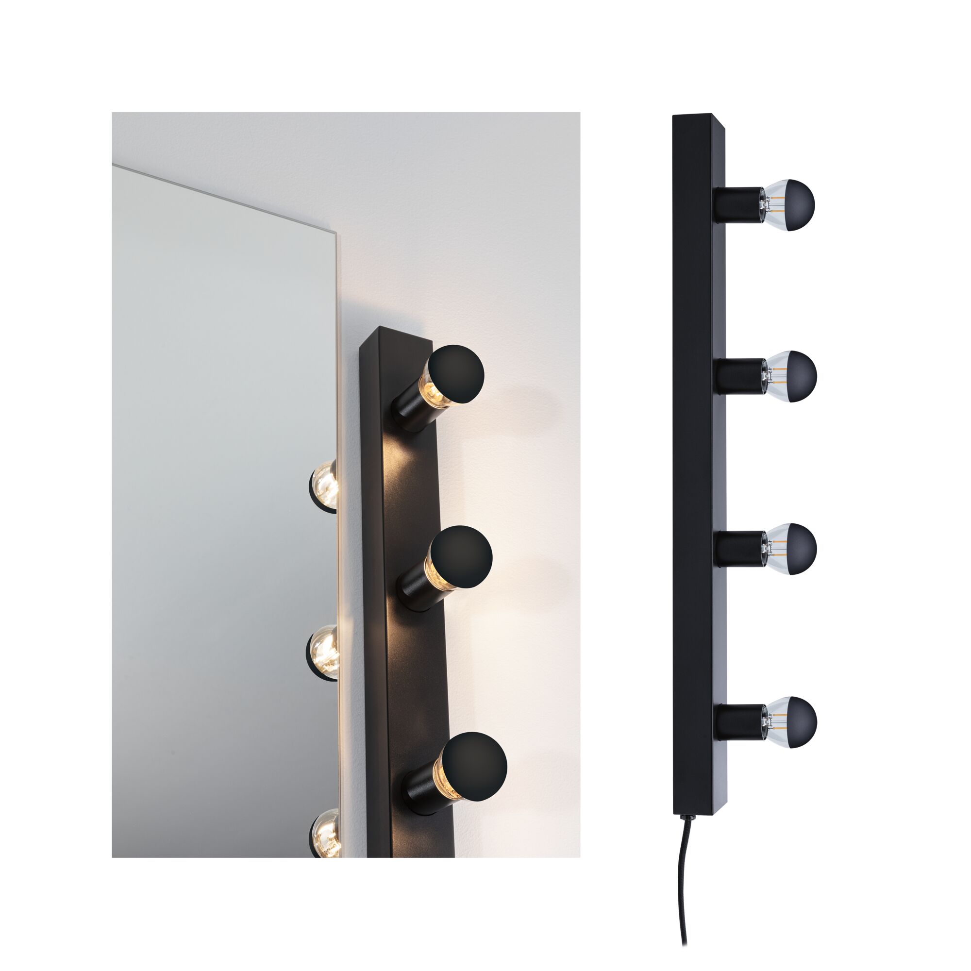 Spiegelleuchte Regula II E14 230V max. 4x40W dimmbar Schwarz Schwarze LED-Spiegelleuchte aus Metall mit drei runden Lampen für modernes Badlicht